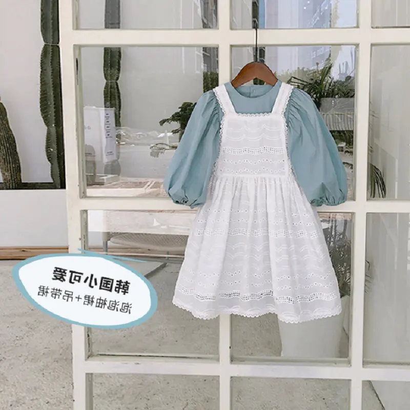 Girls' Set Puff Sleeve Korean Style Dress with Lace Trim Strap Dress25Autumn New Fashion Foreign Trade Children's Clothing Whole