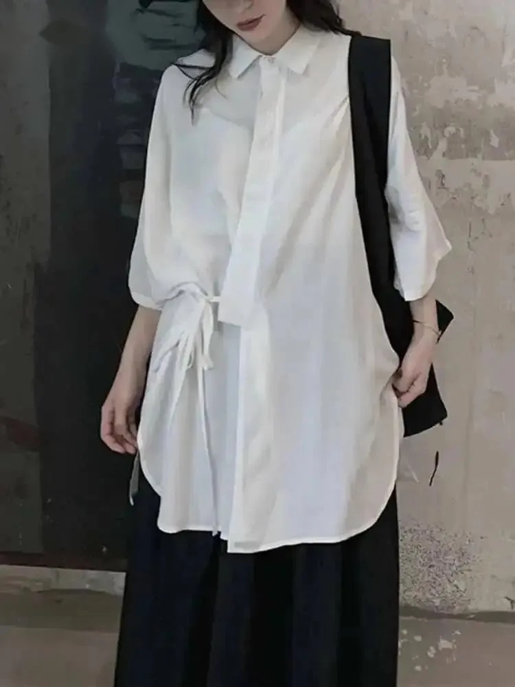 

Women White Bandage Big Size Elegant Blouse New Lapel Three-quarter Sleeve Shirt Fashion Tide Spring Autumn