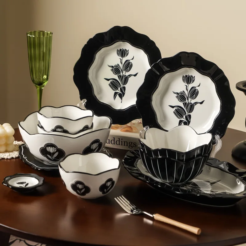 

Tableware, bowls and plates, household sets, high-value bowls, housewarming, wedding gifts, tulips, tableware combination