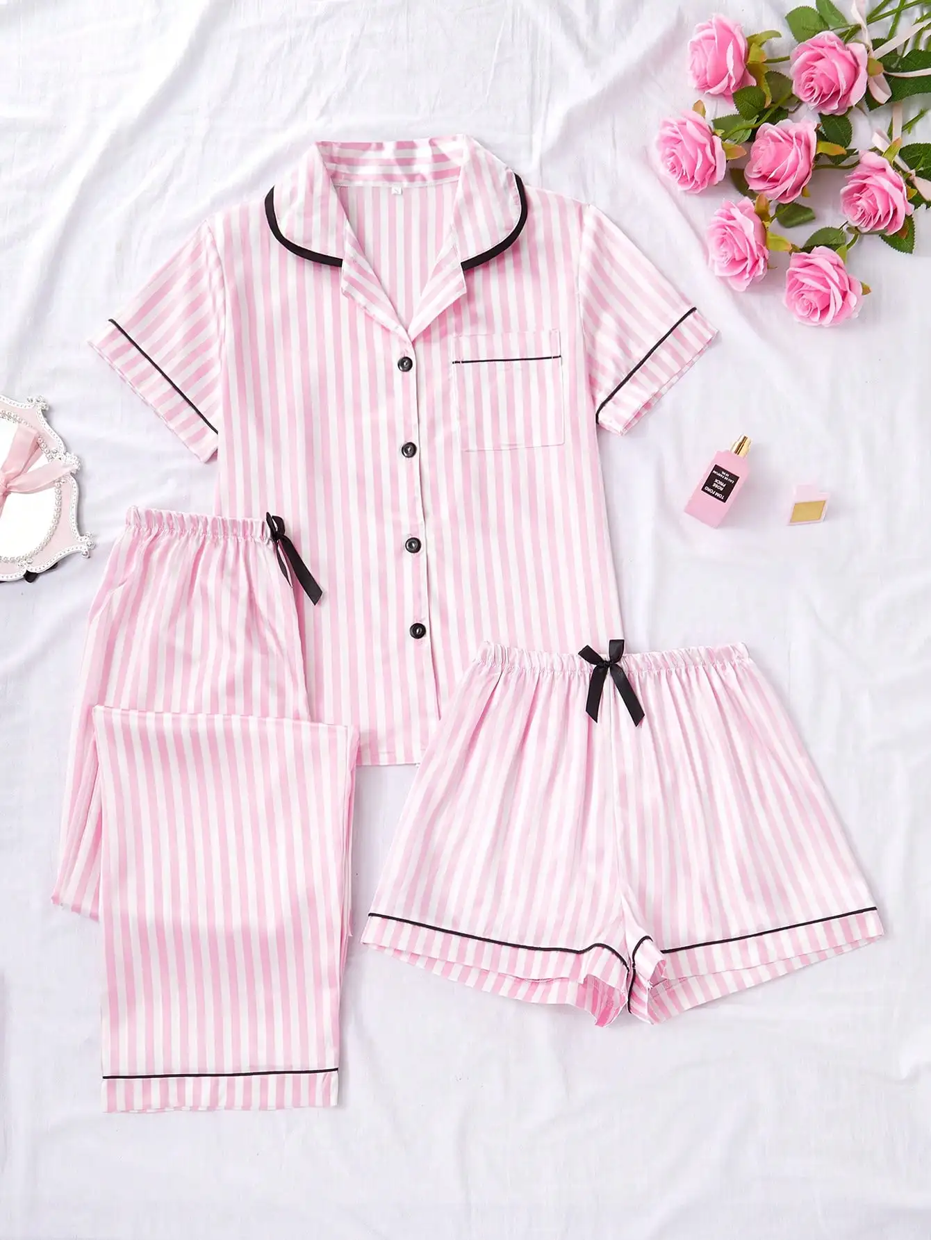 

Women's 3-Piece Pink & White Striped Pajama Set with Collar and Pocket