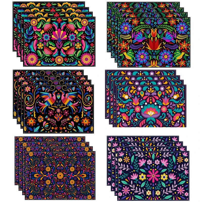 Manteles Individuales de lino con estampado Floral mexicano, tapetes aislantes rectangulares para el hogar, cocina, comedor, manteles decorativos, 4/6/8 unidades