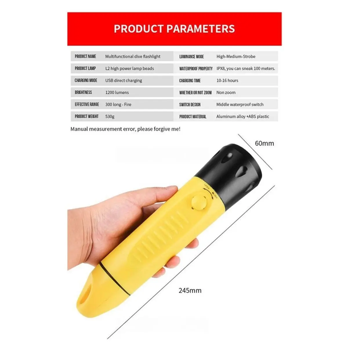 【TODAY-BUY】~@ IPX8 Waterproof Diving Flashlight Strong Light Focusing Long Can Be Used on Land and Water Night Fishing Light