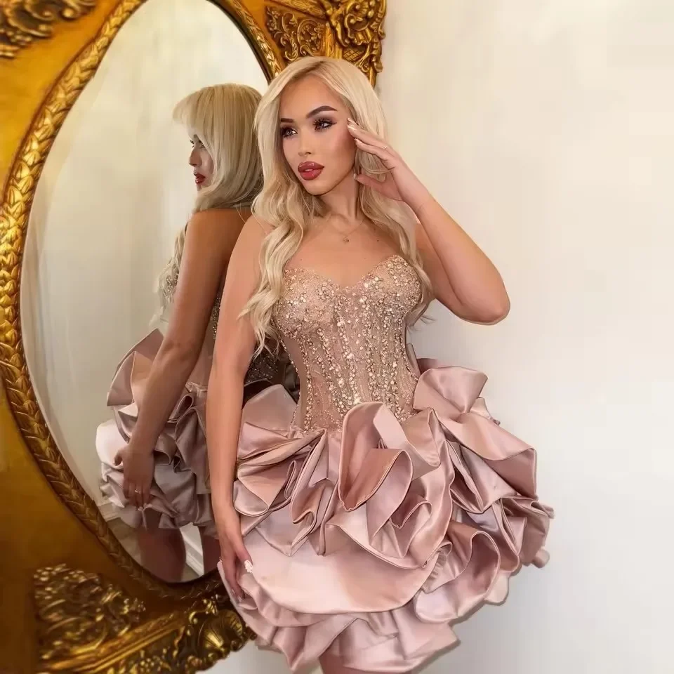 

Mini Pink Short Crystal Beaded Cocktail Ball Dress Sexy Sweetheart Backless Ruffles Back To School Party Evening Dress Custom