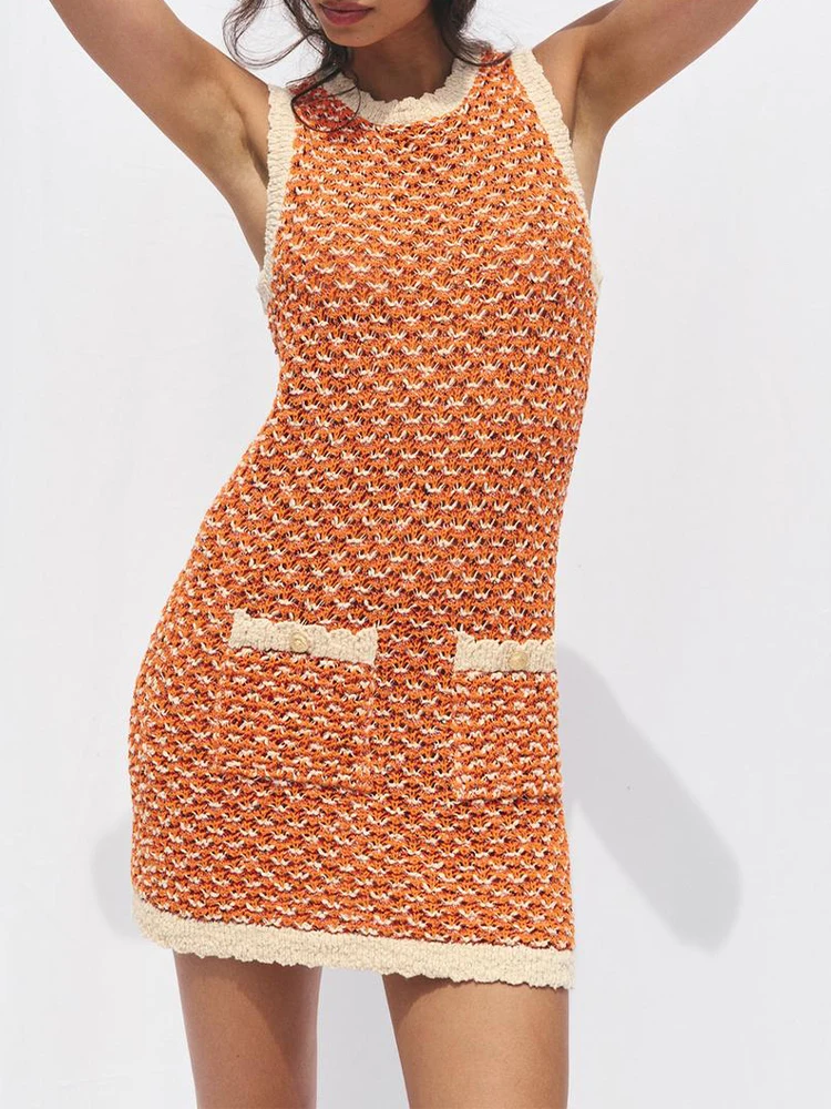 

European and American style women's clothing new style fashionable round neck sleeveless textured knitted mini dress