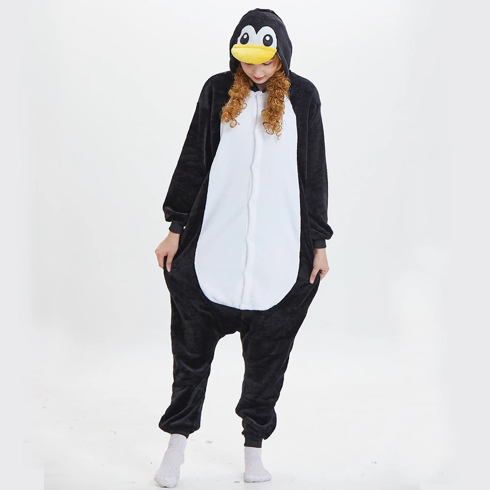 Black Penguin Onesies Unisex Winter Adults Flannel Sleepwear Women Men Halloween Anime Costumes Animal Cartoon One-Piece Pijamas