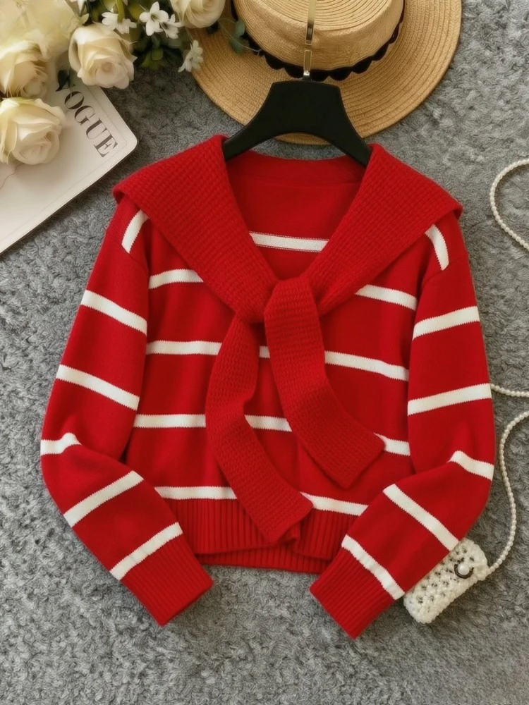 Women Red White Striped Sailor Collar Knit Sweater Bow Tie Long Sleeve Slim Fit Cropped Casual Lady Y2K Korean Style All Season