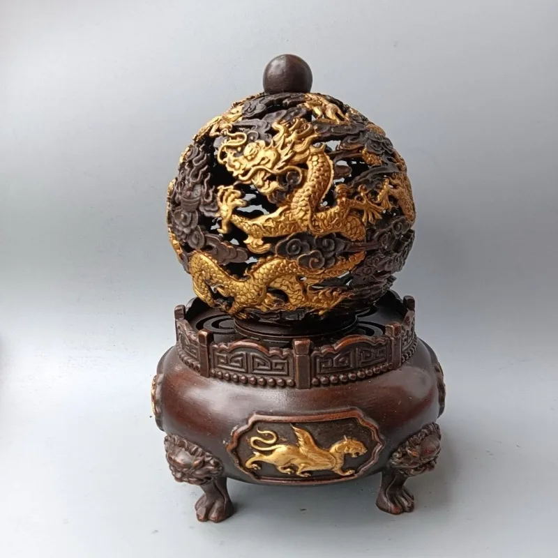 Antique Chinese Gilded Dragon Incense Burner Four-legged Incense Burner Hollow Out Censer for Meditation Home Altar Decor