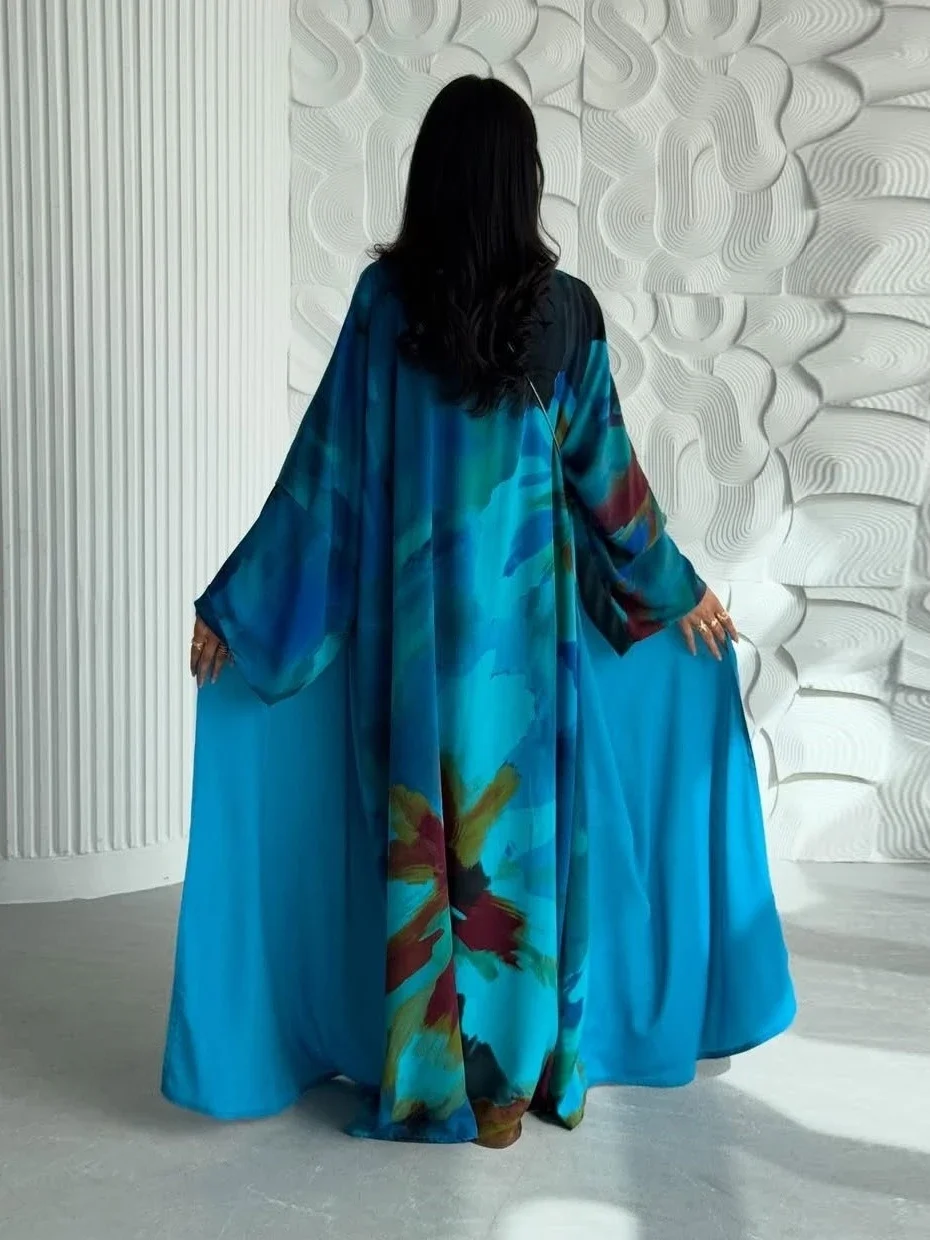 イード女性用アバヤスカーフムスリムオープンワンピースパーティージャラビヤプリントラマダンロングアバヤドレスアラブカーディガンローブモロッコカフタン