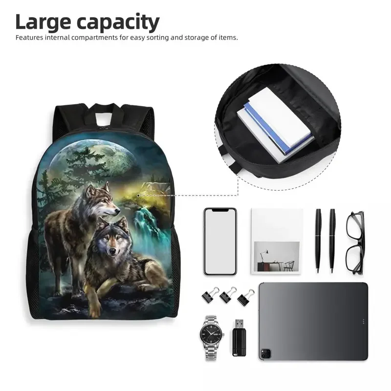 Wolf Travel Backpack Men Women School Laptop Bookbag Moon College Student Daypack Bags