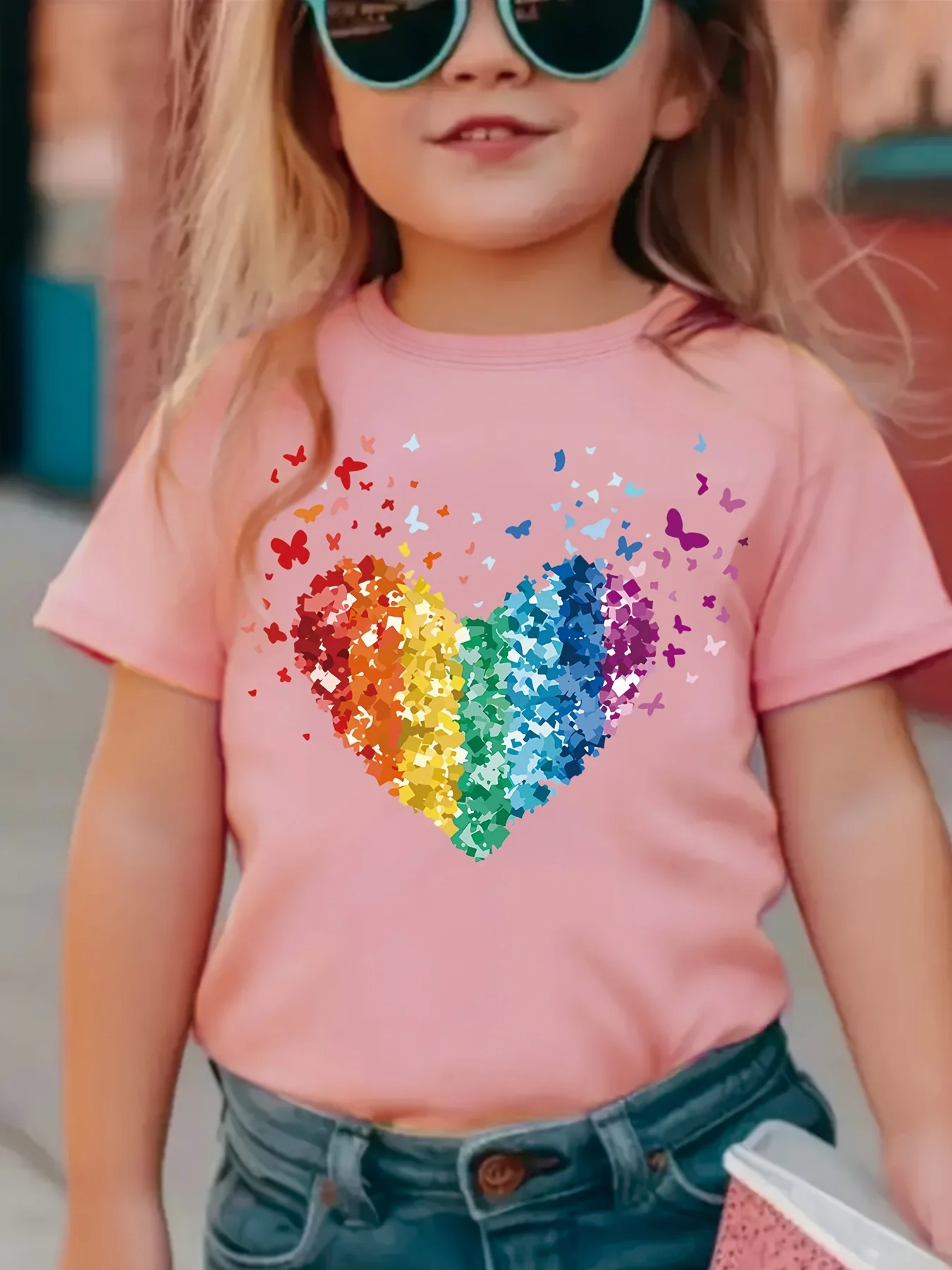 Rainbow Colored Heart-shaped Printed T-shirt Fashionable Heart-shaped Printed T-shirt Children's Trendy Parent-child Clothing