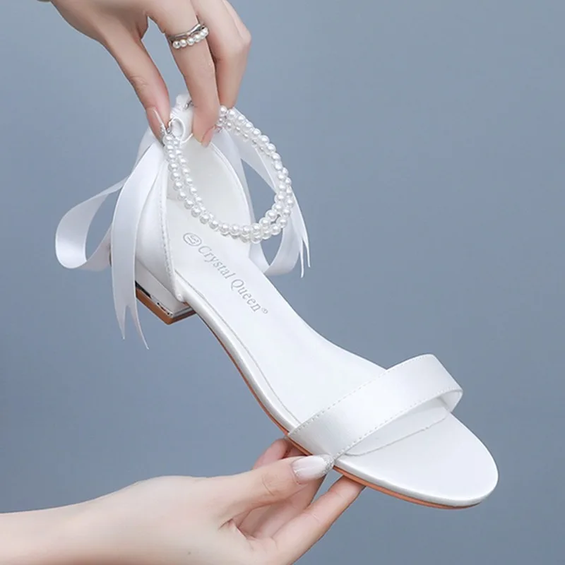 Women's Sandals 2CM Square Heel Low Heels Light Mouth Sandals Ivory White Satin Bride Beaded Lace Up Women Shoes Big Size  42 43