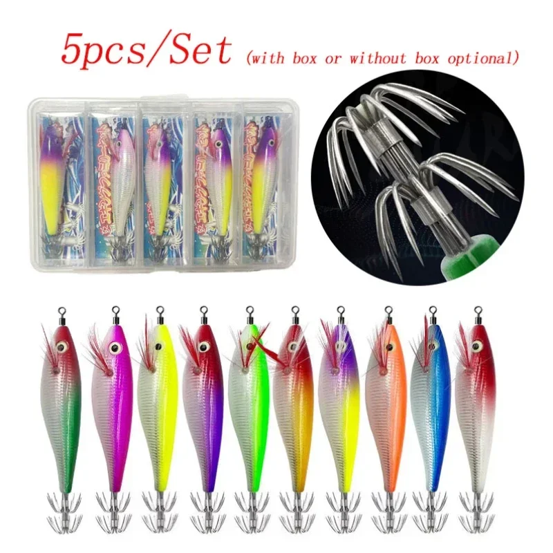 5 pçs/set 10g/10cm luminoso horizontal lula gabarito madeira camarão lula gancho iscas de pesca polvo choco camarão iscas de água salgada