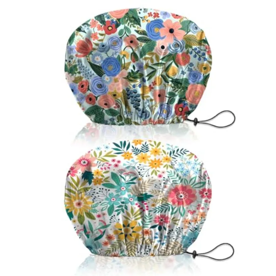 

2 PCS Shower Cap Reusable Waterproof Double Layer Elastic Adjustable Hair Bath Caps Cute Aesthetic for Women Girls-Flowers