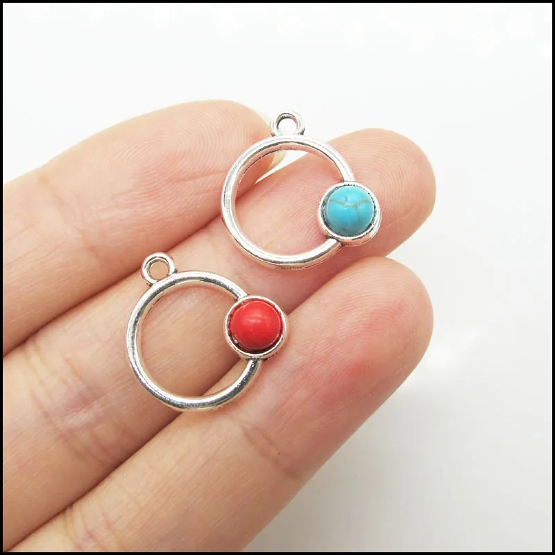 12 New the Earth Frame Charms Retro Antique Silver Tone Round Blue&Red Stone Pendants 17x18mm