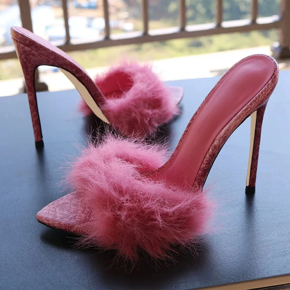 Veowalk Pink Fur Snakeskin 12cm Stiletto Mules Sexy Pointed Toe High Heels  Slip-On Slipper for Evening Events Party Date Night