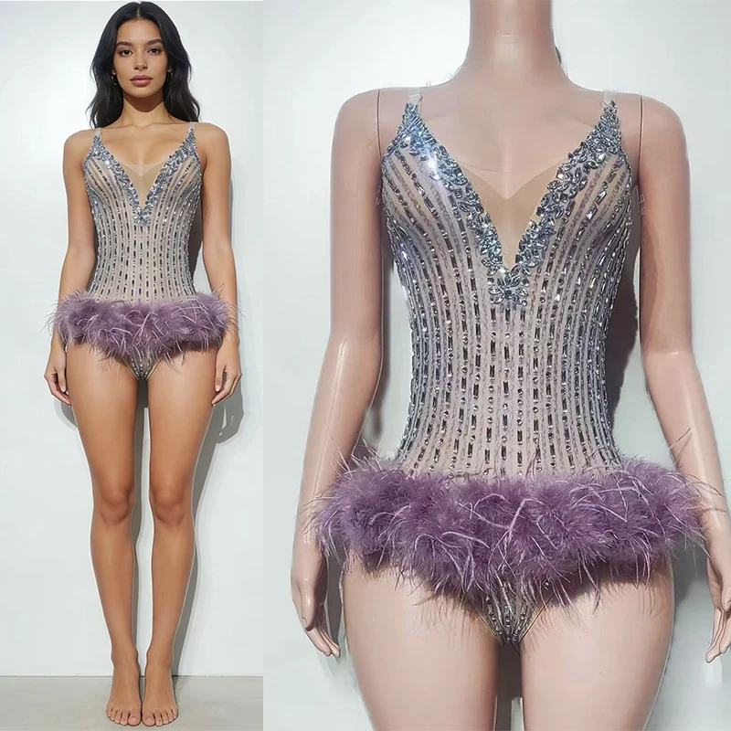 2025 nouveau diamant plume col en v body discothèque Bar Dj Performance Costumes femmes Gogo danseurs fête scène robe porter DN22504