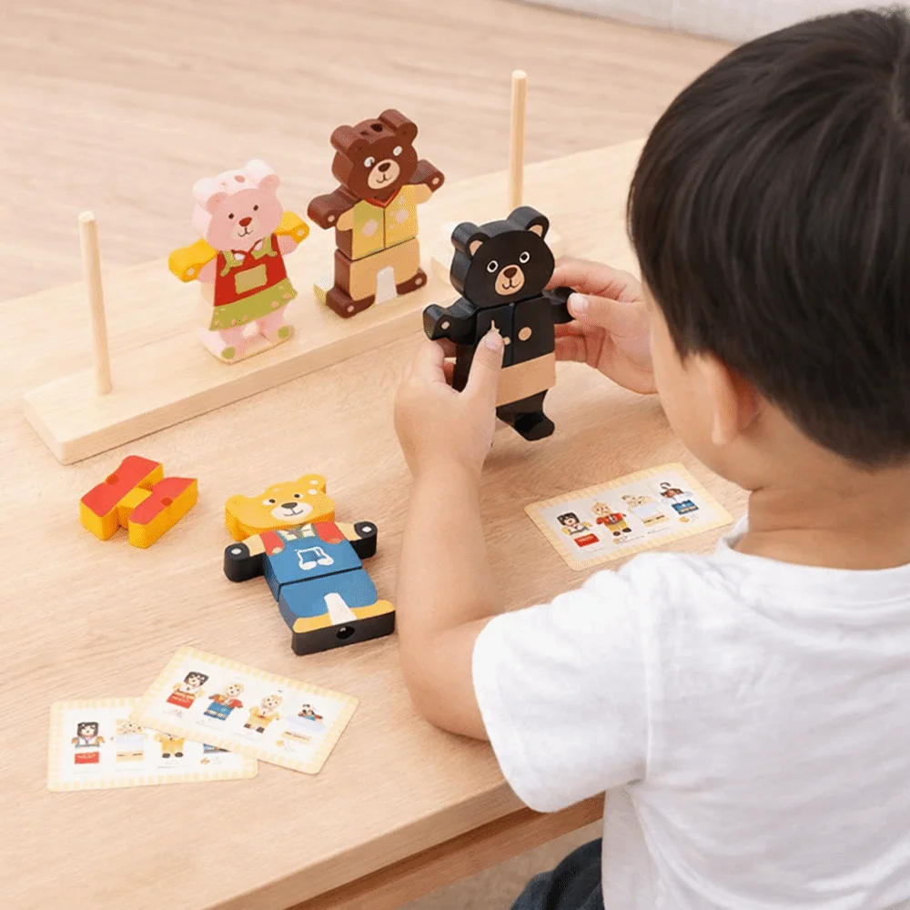 Creative Children's Color Sorting Toys Colorful Bear Shaped Wooden Stacking Block Interactive Dress Up Block