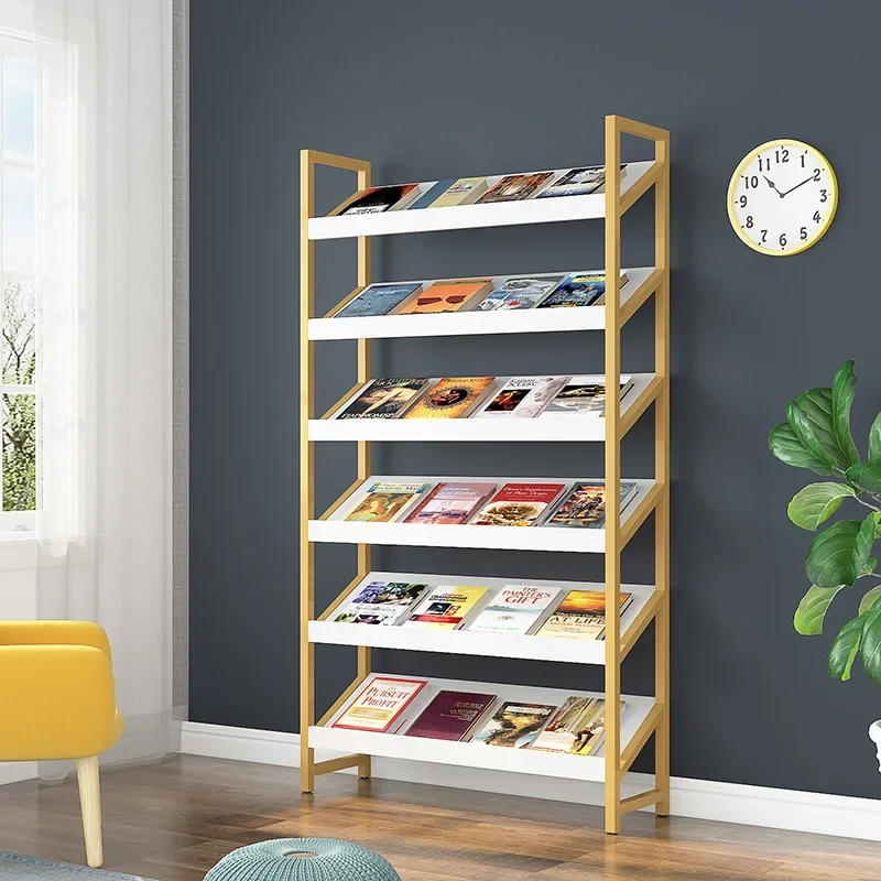 Wood Bookcase Display Stand Metal Book Rack Magazine Iron Book Rack Newspaper Shelf Floor Magazine Display Shelf Magazine Rack