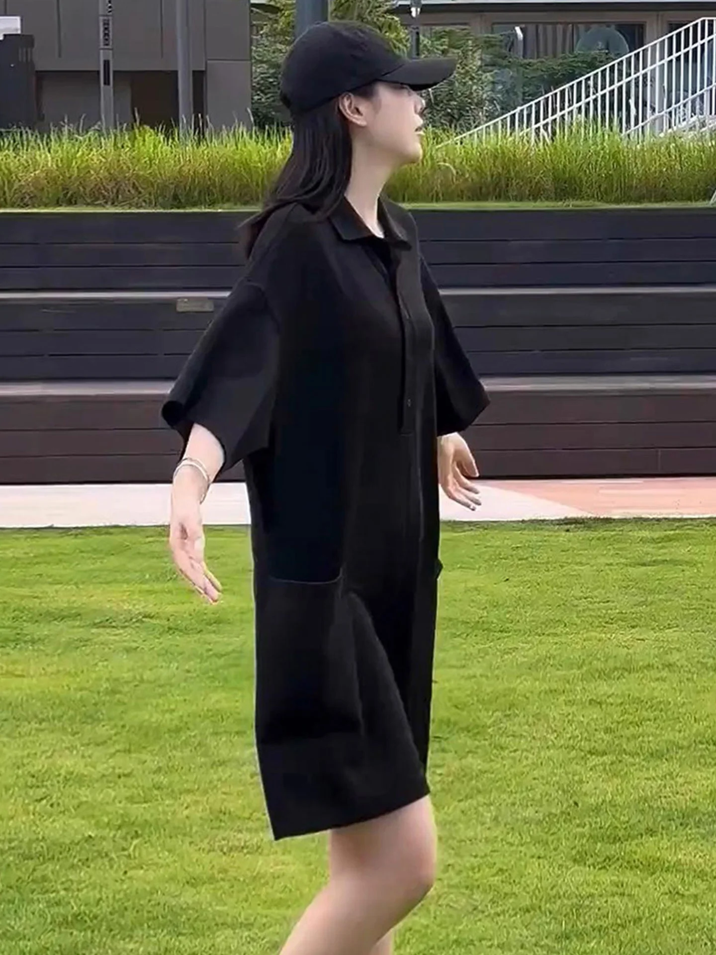 

Ele Mid-Length Midi Dr Women's Faionable Button-Up Straight-Cut Silken Top Korean Sle ort Sve Collar