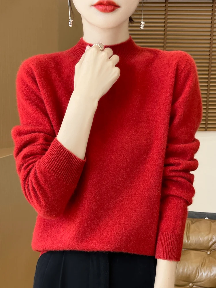 

Basic Long Sleeve Clothes Autumn Winter Sweater Women's Pullover 100% Merino Wool Sweater Pullover Mock Neck Warm Fleece Knitted