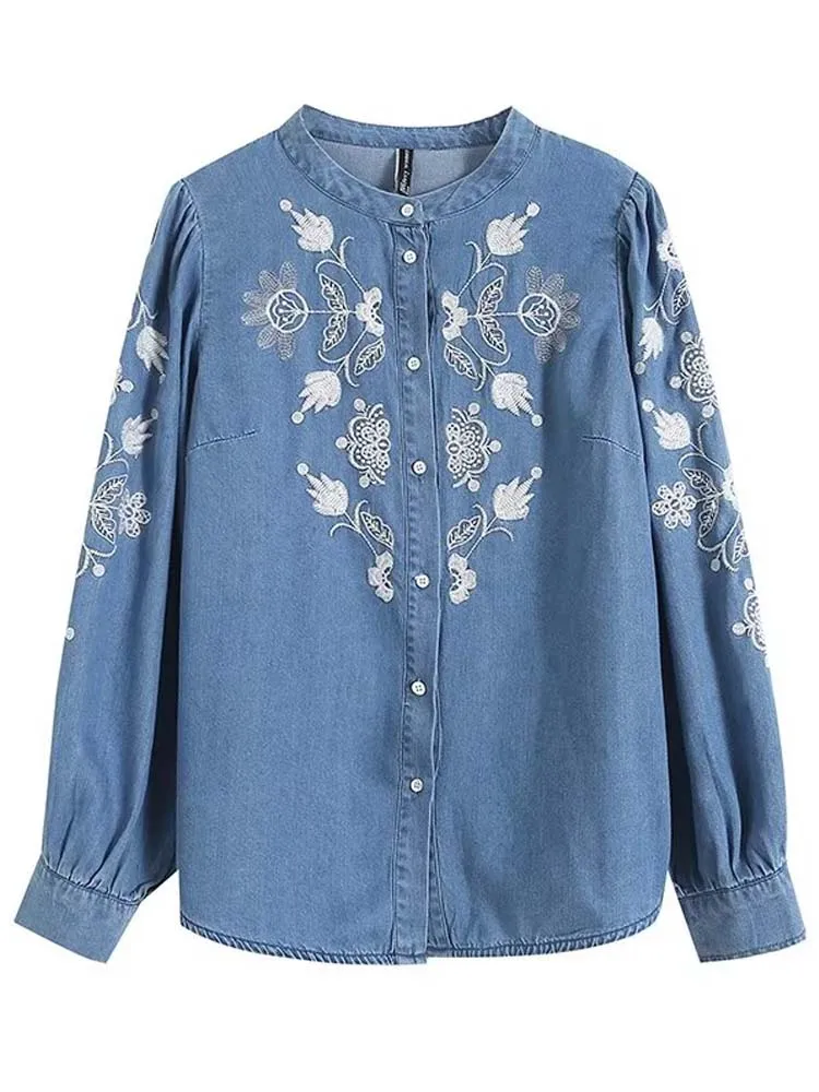 Streetwear 2024 New Floral embroidery shirt for women Denim blouse High quality O-neck Long Puff sleeve tops Autumn INKEO 4T058