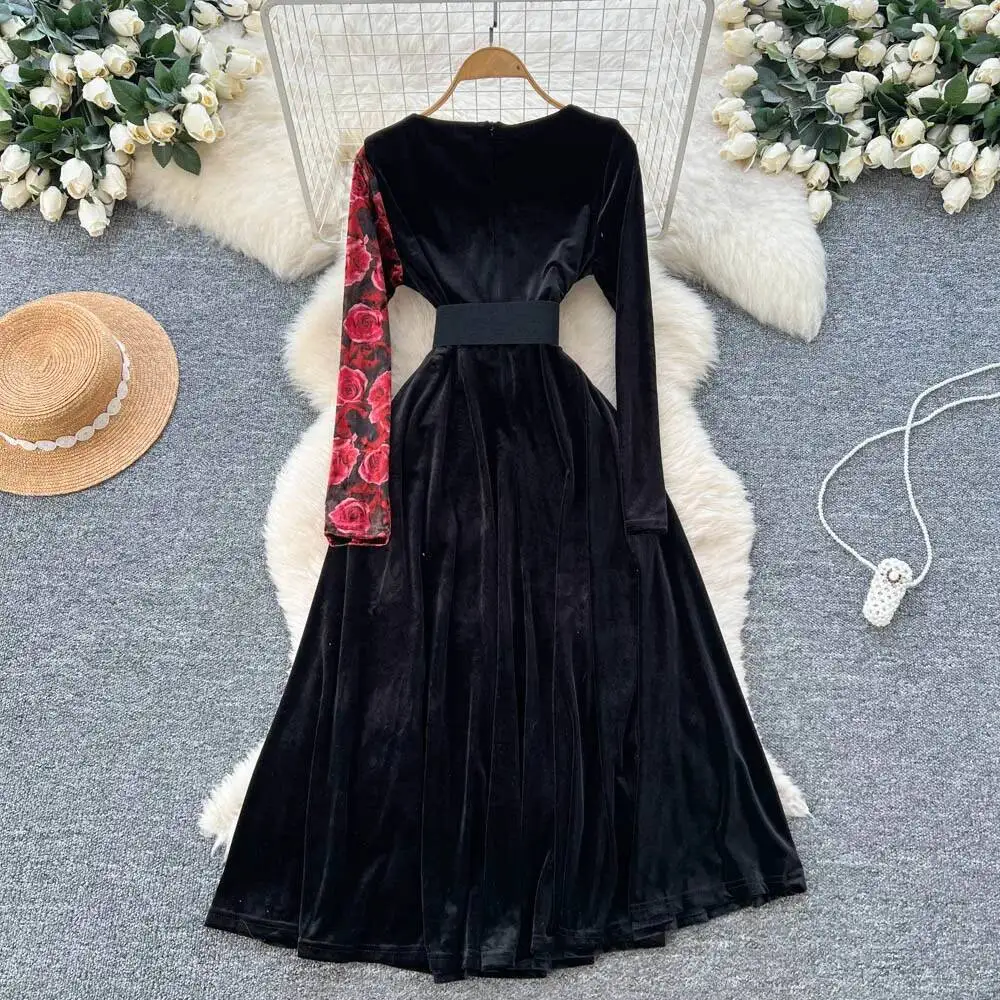 Sexy long sleeve print Spliced velour split Dress vintage Elegant Women Party basics korean fashion dresses