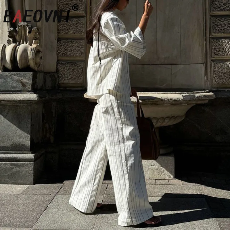 

EAEOVNI Striped Casual Two Piece Set Women Fashion Button Shirt + High Waist Long Pants Versatile 2025 New Clothing 1A1212