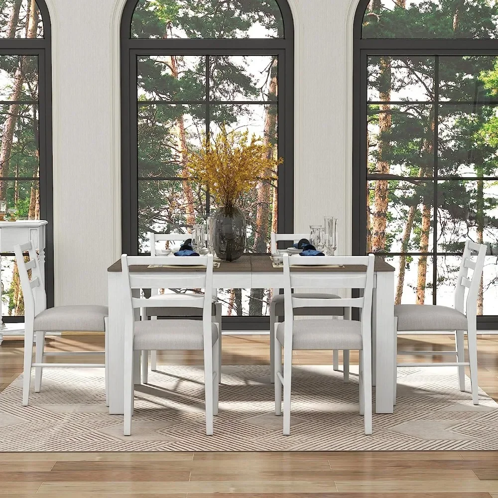 7-Piece Wooden Dining Set for 6 with Extendable Table and Soft Cushioned Chairs,2 Drawers