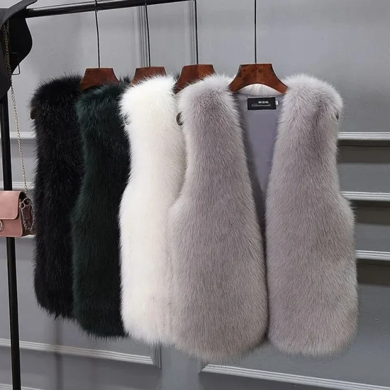 Women's Autumn Winter New Style Versatile Fashion Thickened Imitation Fox Fur Vest Shoulder Jacket Coat Fur Vest