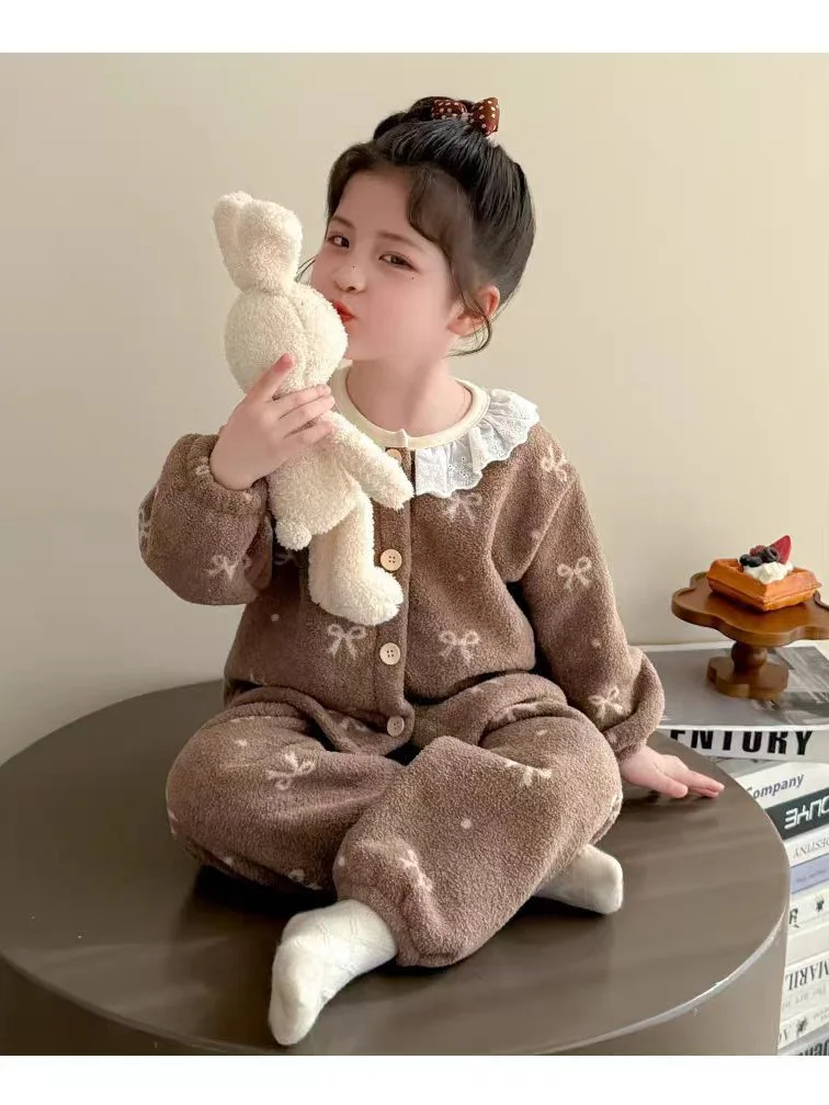 1-8Y أطفال بنات المرجان بيجامة من الصوف مجموعات Bowknot طباعة الدانتيل طوق كم طويل بلوزات وسراويل دافئة رقيق ملابس خاصة المتسكعون