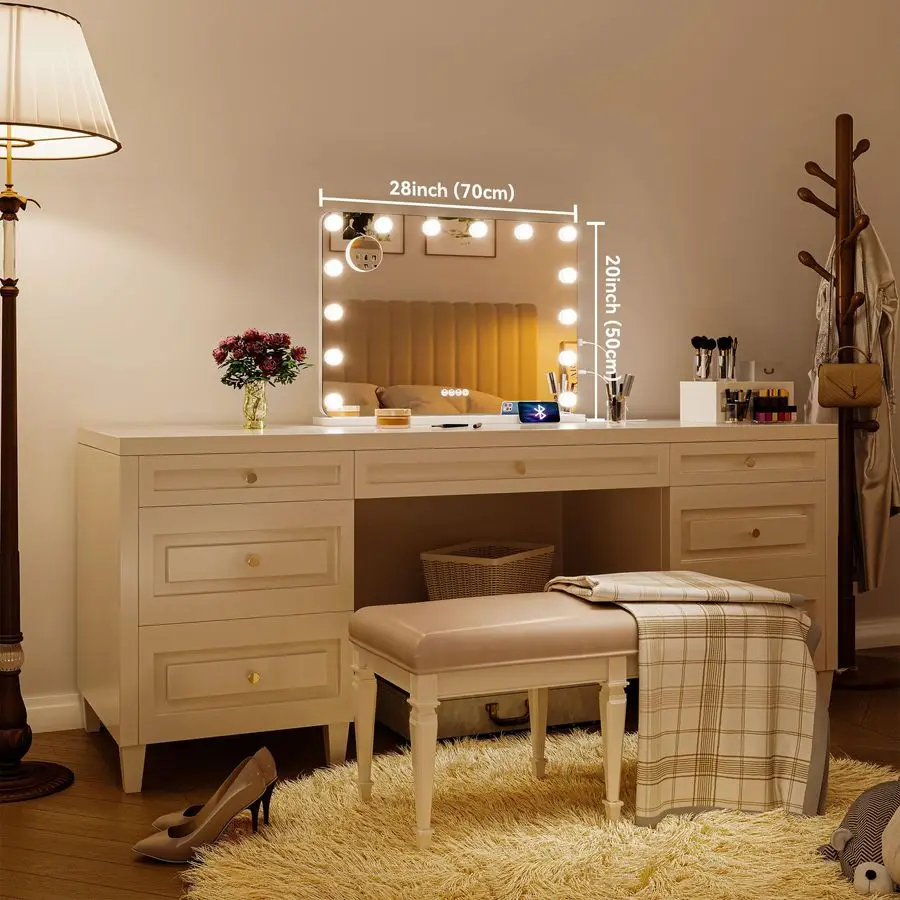 مرآة مكياج LED مع مكبر صوت بلوتوث، مرآة مكياج 28 × 20 مع أضواء وتكبير، مرآة هوليوود مع 3 ألوان