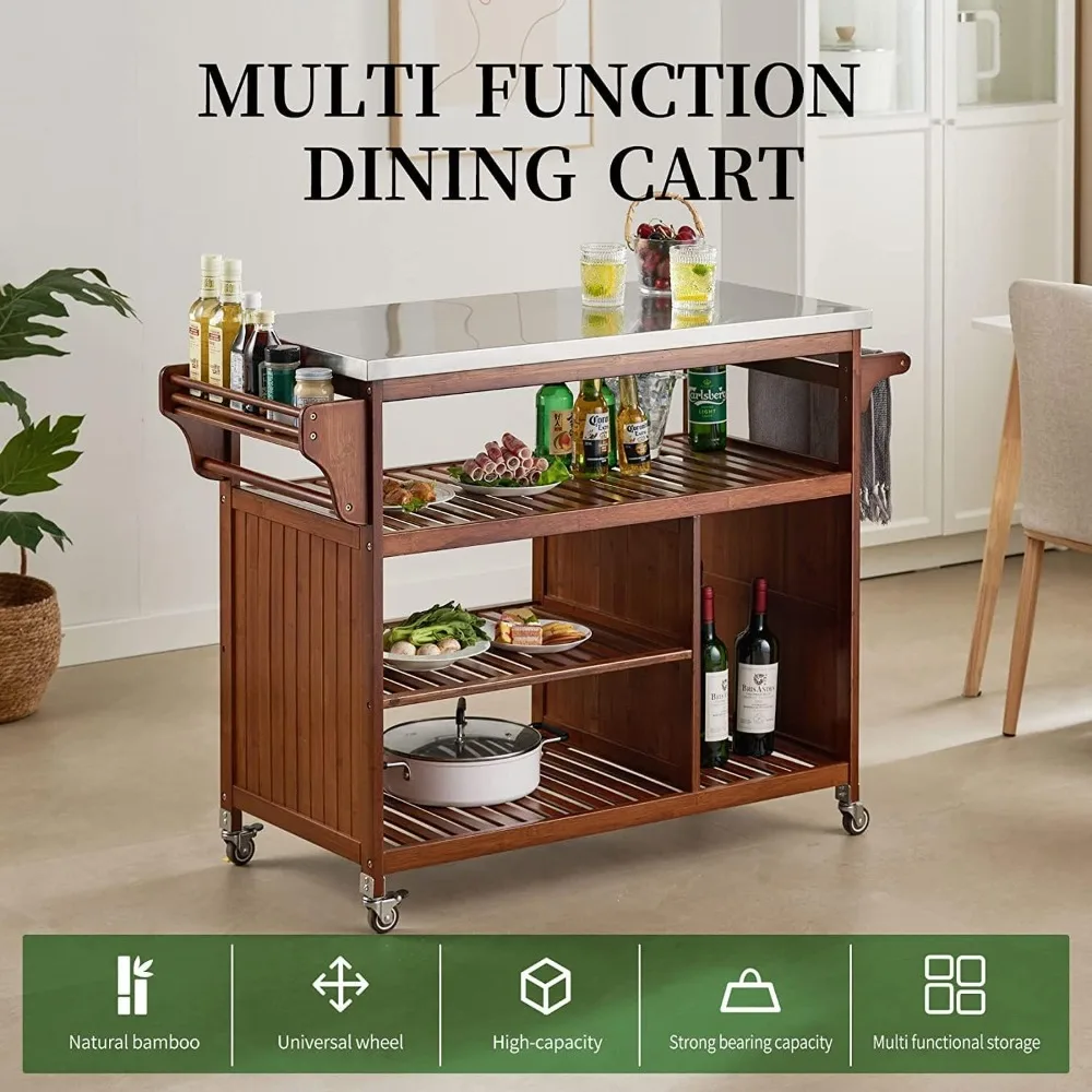 Bamboo Kitchen Rolling Utility carrello carrello in acciaio inossidabile. DingRolling Cart, piano di lavoro da cucina, carrello per la preparazione degli alimenti per barbecue all'aperto