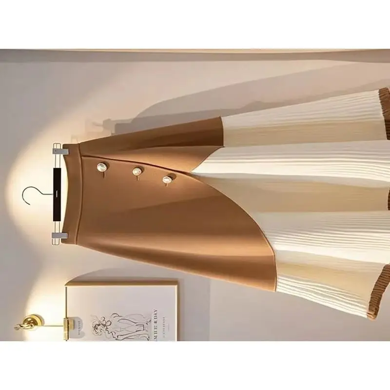 

Ladies Autumn And Winter New Unique Design Khaki Knitted Office Leisure Skirt Fashion High Waist A Button Simple Fashion Skirt