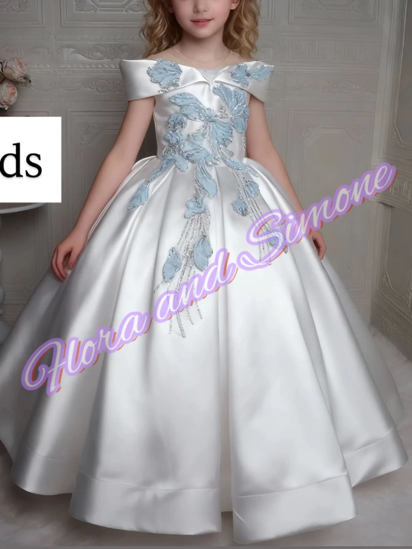 فساتين فتاة الزهور الزرقاء المزينة بحفلات أعياد الميلاد للفتيات الصغيرات مخصصة من الساتان الناعم للأطفال فساتين التواصل الأول #3