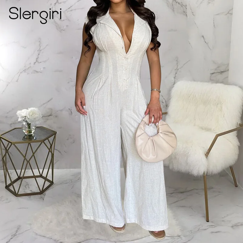 

Slergiri Women's Solid Color Sleeveless Wide Leg Jumpsuit 2025 Summer Notched Neck Half Button Casual Vacation White Jumpsuits