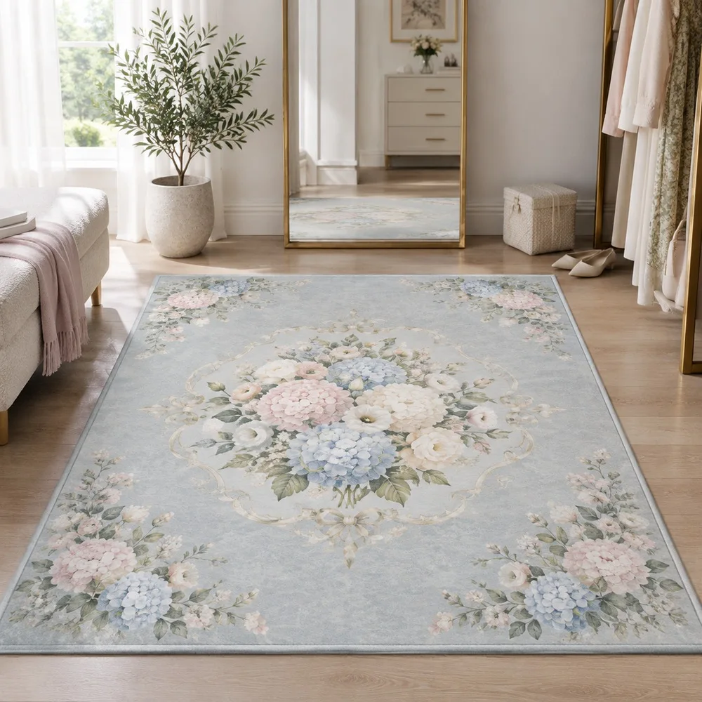 VIKAMA Door Mat Powder Blue Grey Hydrangea Lisianthus Cluster Quick Dry Home Office Study Sitting Room Fireplace Home Decor