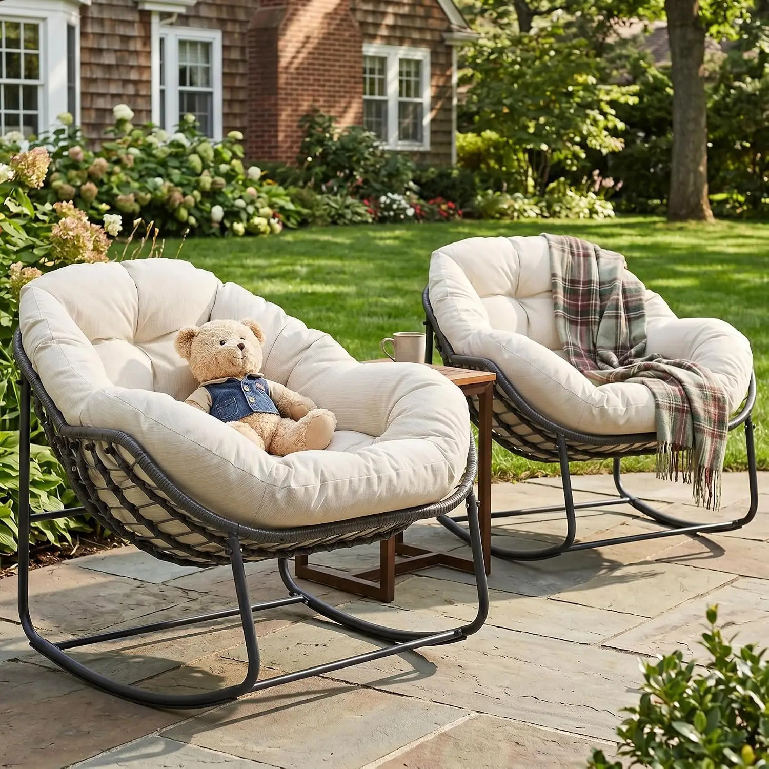 Large Egg Shaped Rocking Chair with Thick Cushion, Indoor Outdoor Papasan Chair, Rattan Wicker Comfy Lounge Rocker for Bedroom
