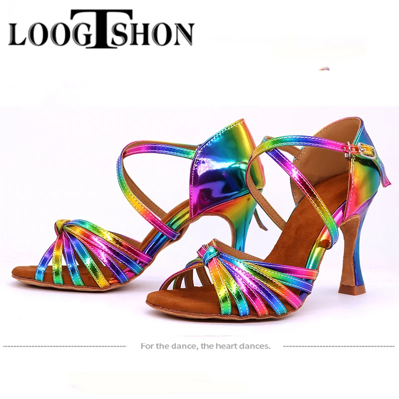 Loogtshon Women Latin Dance Shoes Skin Satin Shining Big small rhinestone dancing shoes Flare heel 9cm Narrow foot Adjust width