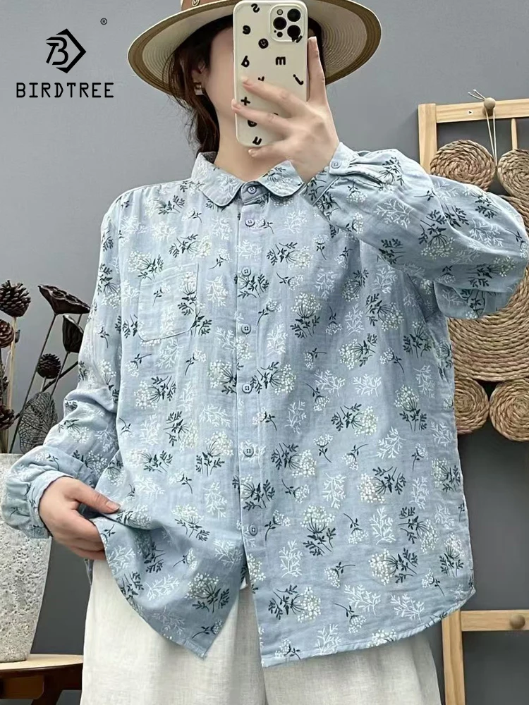 جديد 2025 قميص خريفي بأكمام طويلة من غزل القطن ، طباعة ياقة مقلوبة للسيدات ، بلوزة فضفاضة أنيقة من Mori Girl Sweet Prairie T58023CC