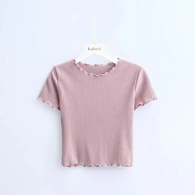 PopPopWomen بلون تي شيرت الصيف التخسيس تنعيم تنوعا أعلى رقيقة نصف كم مشروط قاعدة طبقة جولة الرقبة قصيرة Sle #4