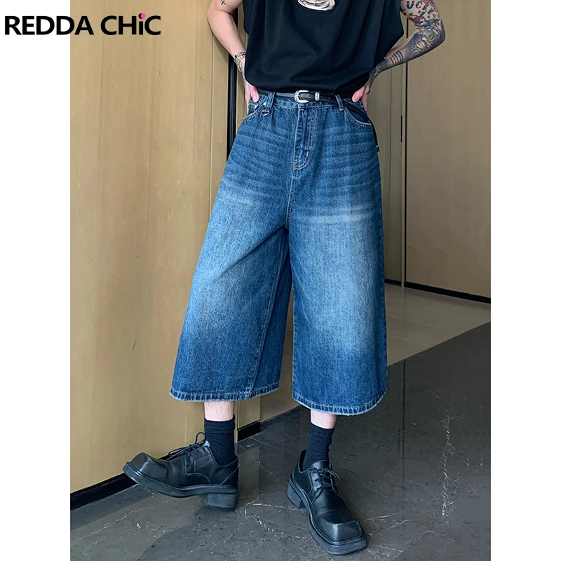 ReddaChic Men Frayed Wide Leg Denim Short Pants Vintage Wash Low Rise Whiskers Solid Casual Baggy Jeans Jorts Korean Clothes