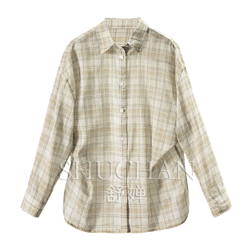 

New Casual Fresh Literary Plaid Linen + Cotton Lapel Long-sleeved Shirt Women's 68C2 Blusas Mujer De Moda 2025 Verano