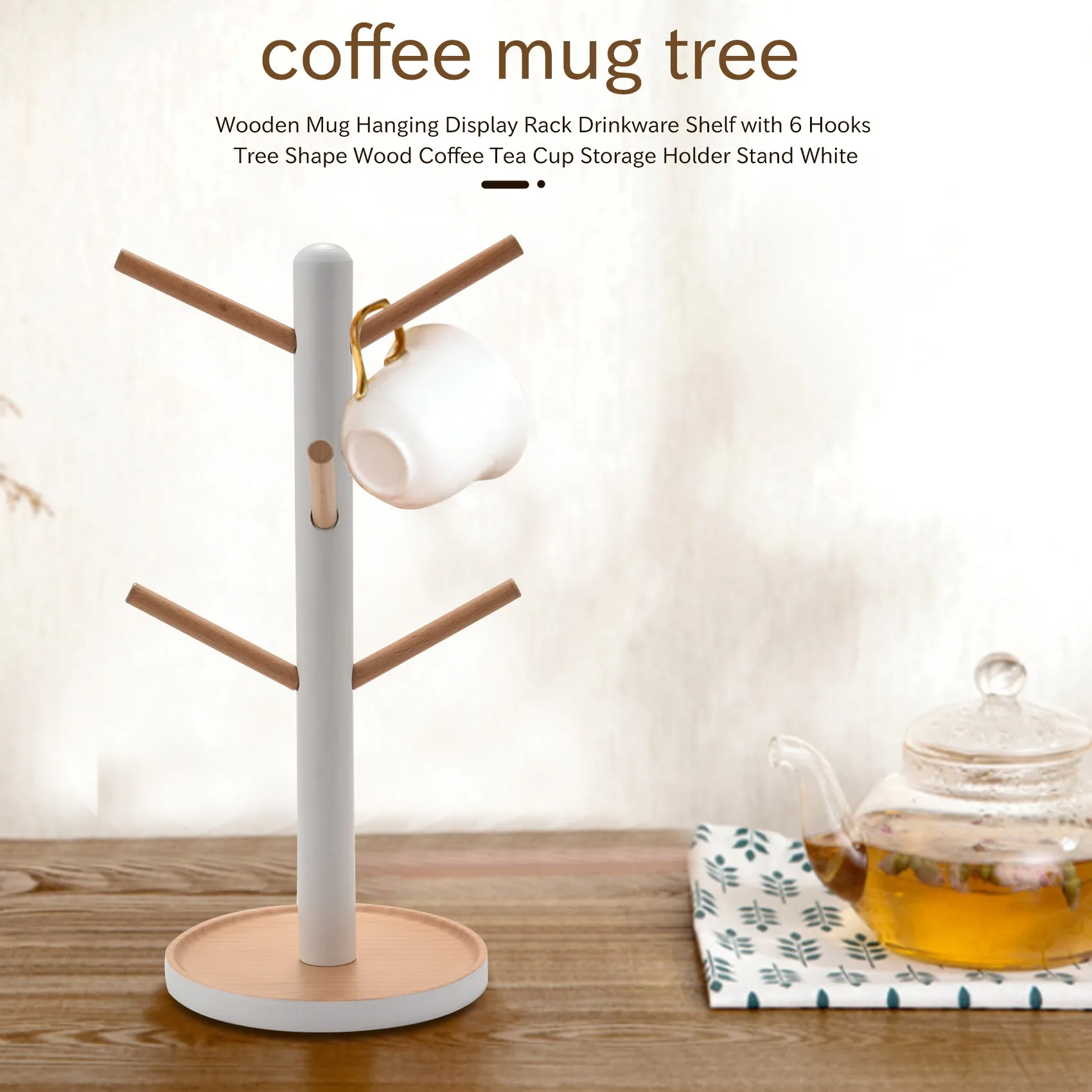 Wooden Mug Hanging Display Rack Drinkware Shelf with 6 Hooks Tree Shape Wood Coffee Tea Cup Storage Holder Stand White