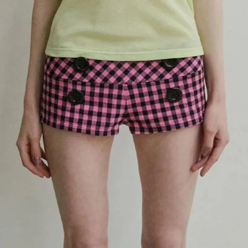 Sweet Cool plaid girls' summer shorts Y2K low waist button decoration slim street style hot pants for spicy girls