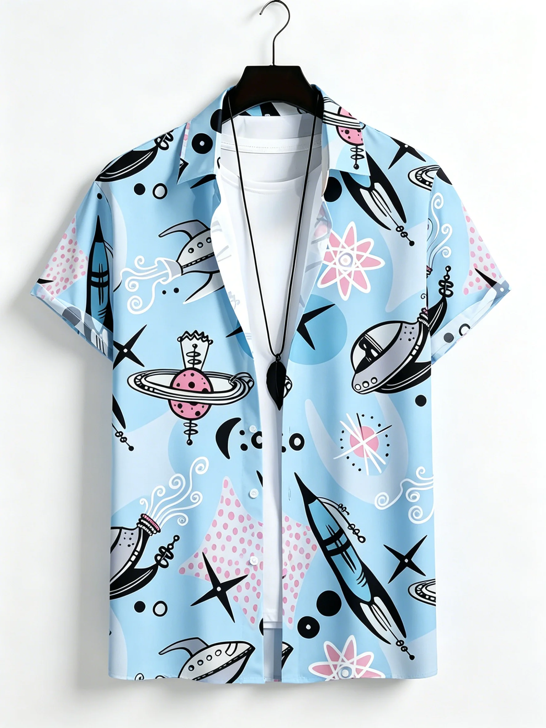 

Men's Light Blue Retro Space Rocket Print Button Up Shirt, Turndown Collar Tops for Spring Summer Casual Streetwear Daily Wear