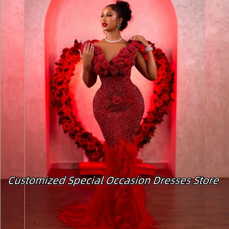 

Charming Red Mermaid Evening Dresses With Delicate Handmade Flowers Luxurious Beading Feather Prom Dress Gala Gowns Customized