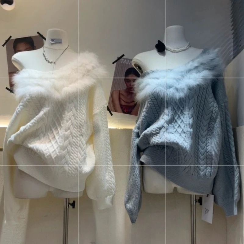 

Korean Fashion Elegant Knit Pullovers Women Sweet Y2k Off Shoulder Knit Sweater Winter Knit Soft Warm Fuzzy Collar Clothing 2025
