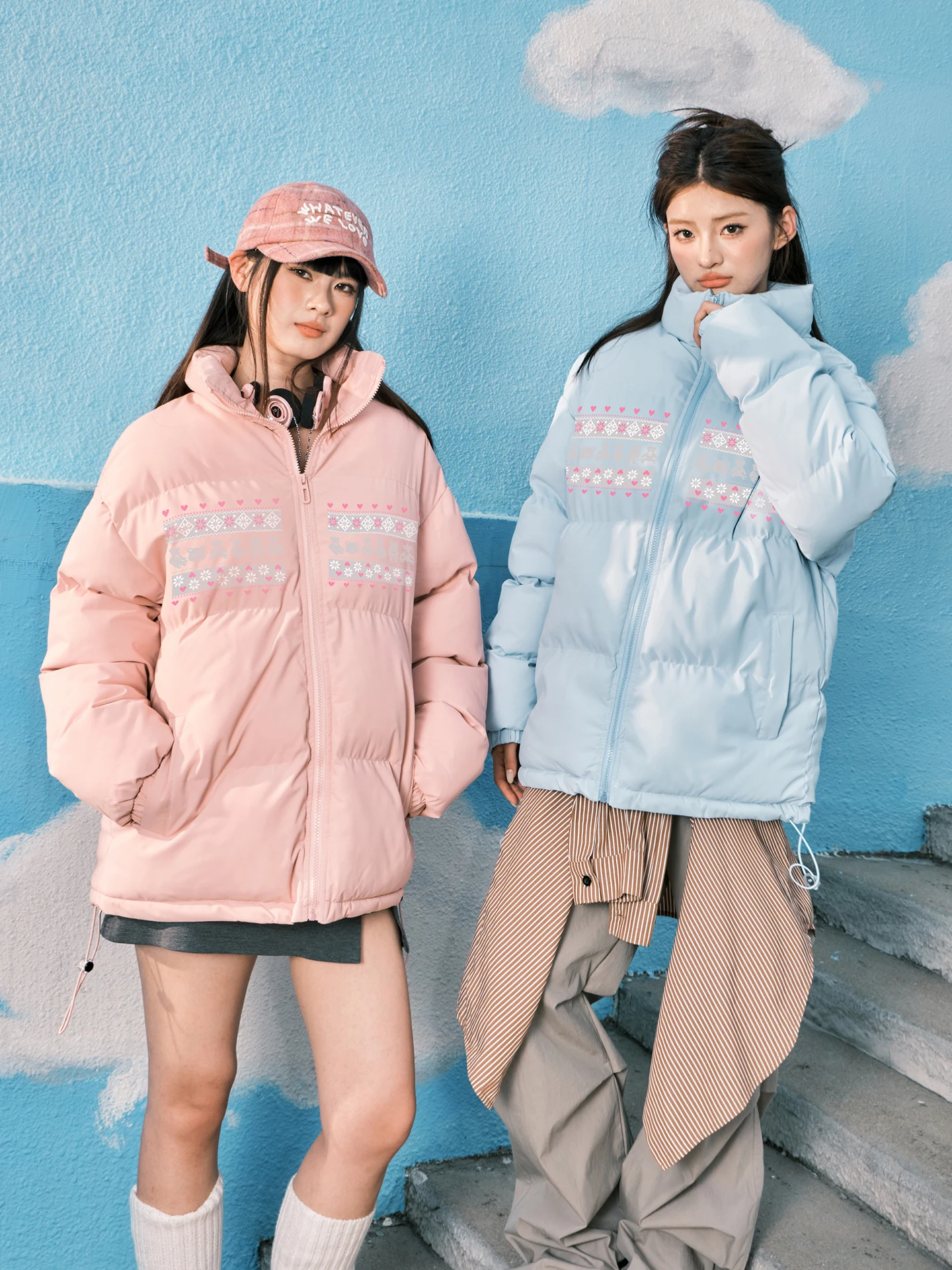 

Корейское зимнее хлопковое пальто с воротником-стойкой в Корейском стиле, теплое пальто с принтом медведя, длинное повседневное пальто на молнии с застежкой-молнией...