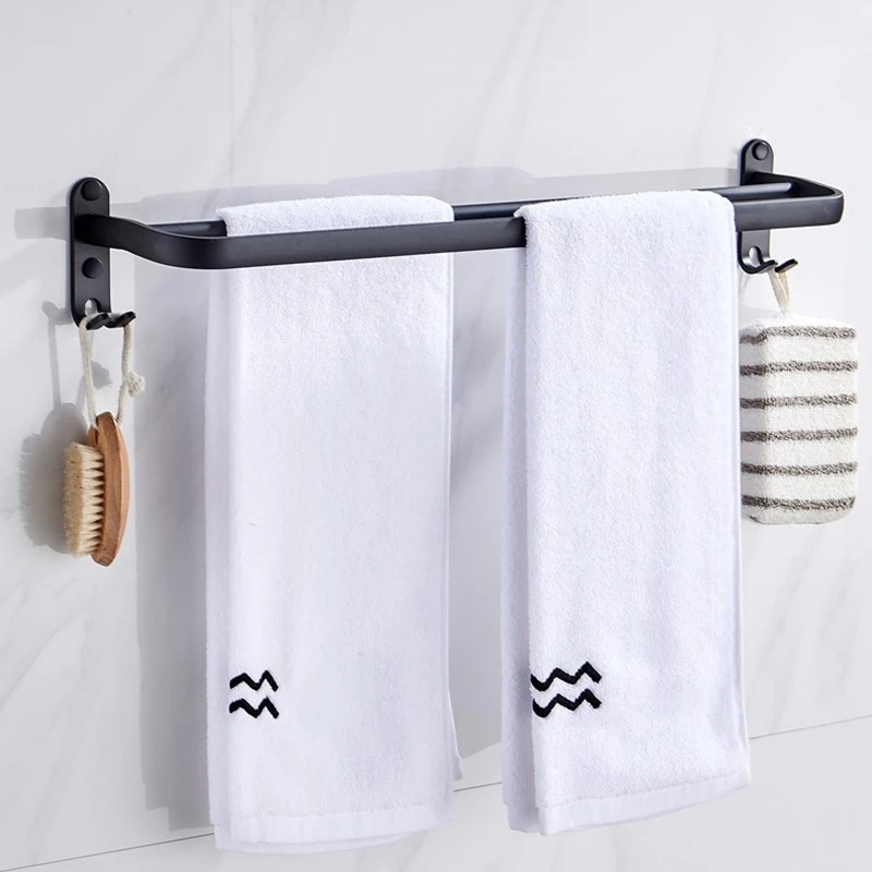 AB47-60 Cm Wall Mount Black Towel Rack Aluminum Double Rod Towel Bar With Hook For Home Hotel Bathroom Shower Accessories