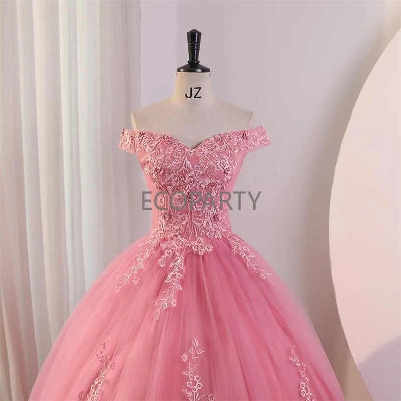 Vestidos de quinceañera rosa para mujer, vestido de fiesta de flores dulces, vestido de baile de encaje de lujo, foto Real, vestido de graduación, Vestidos bohemios, Ecoparty